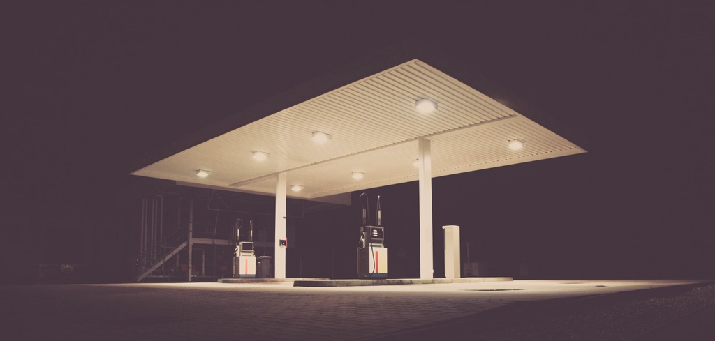 Fuel station canopy at dusk